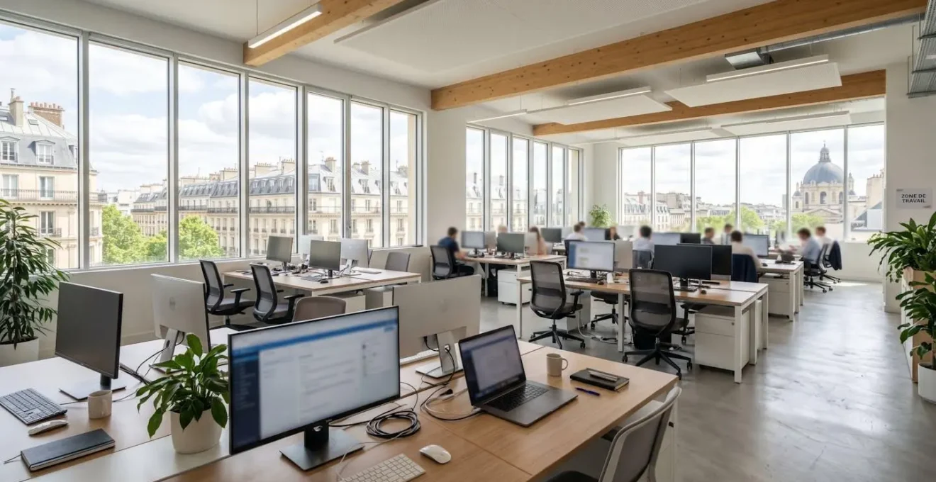 Vue en plongée d'un grand open-space de bureau moderne et lumineux avec design contemporain 2026, bureaux épurés équipés d'écrans, larges baies vitrées laissant entrer la lumière naturelle, architecture européenne visible à l'extérieur, personnes très floues en arrière-plan