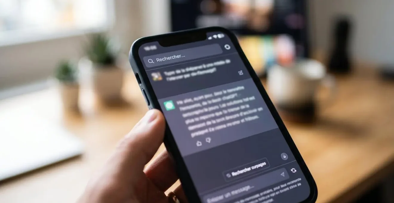 Gros plan extrême sur l'écran d'un smartphone affichant l'interface ChatGPT avec la barre de recherche au centre, main partiellement visible tenant le téléphone, surface de bureau moderne floutée en arrière-plan