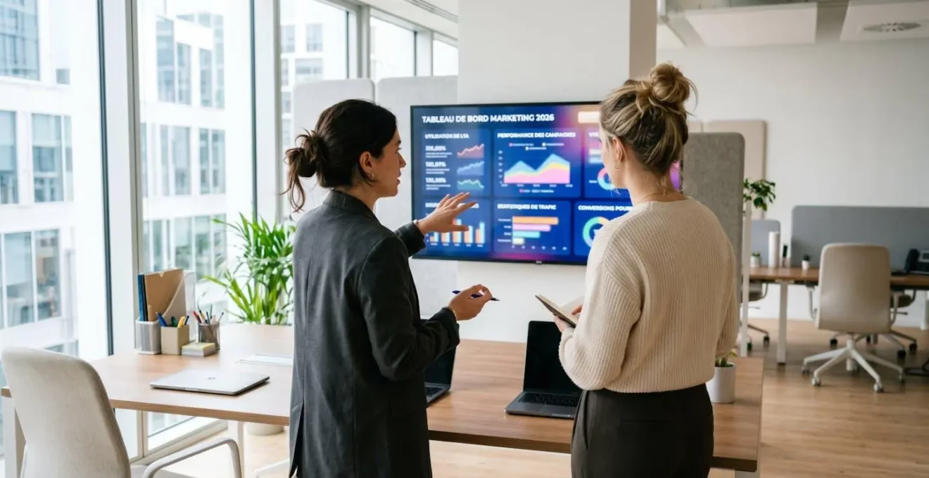 Deux professionnels du marketing digital dans un bureau moderne lumineux, vus de dos, observent un grand écran affichant un tableau de bord analytique coloré avec des statistiques d'usage d'intelligence artificielle