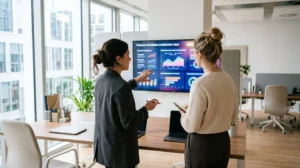Deux professionnels du marketing digital dans un bureau moderne lumineux, vus de dos, observent un grand écran affichant un tableau de bord analytique coloré avec des statistiques d'usage d'intelligence artificielle