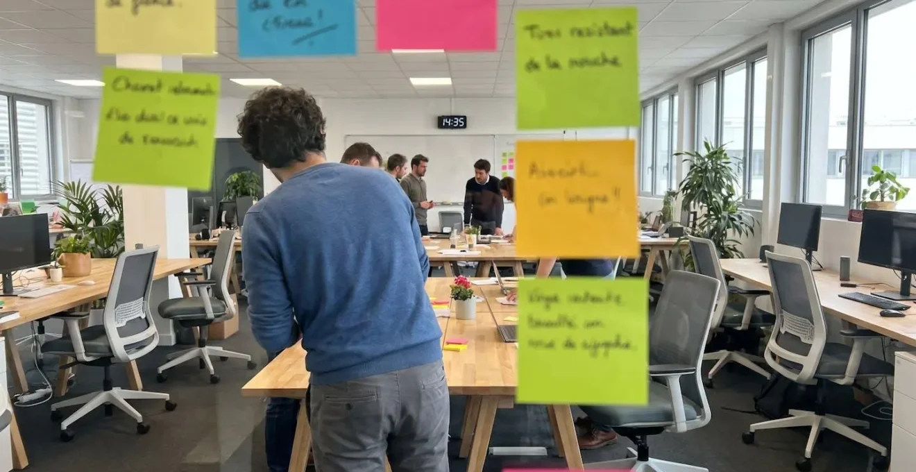 Collaborateur de dos participant à un atelier d'idéation avec post-it sur tableau blanc, environnement bureau moderne français