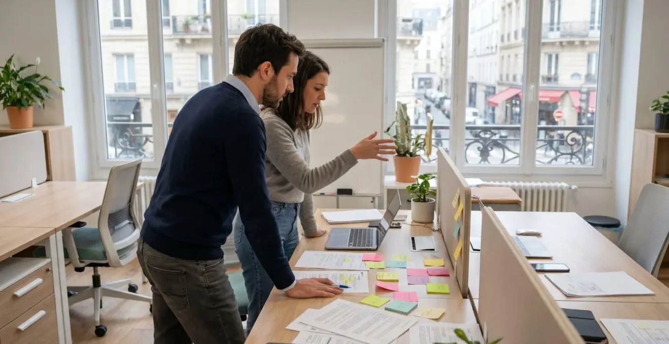 Deux collaborateurs en réunion de travail collaborative autour d'une table avec post-it et documents, vue de profil, environnement bureau moderne