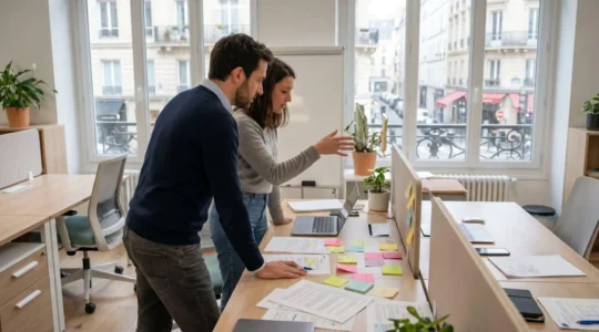 Deux collaborateurs en réunion de travail collaborative autour d'une table avec post-it et documents, vue de profil, environnement bureau moderne