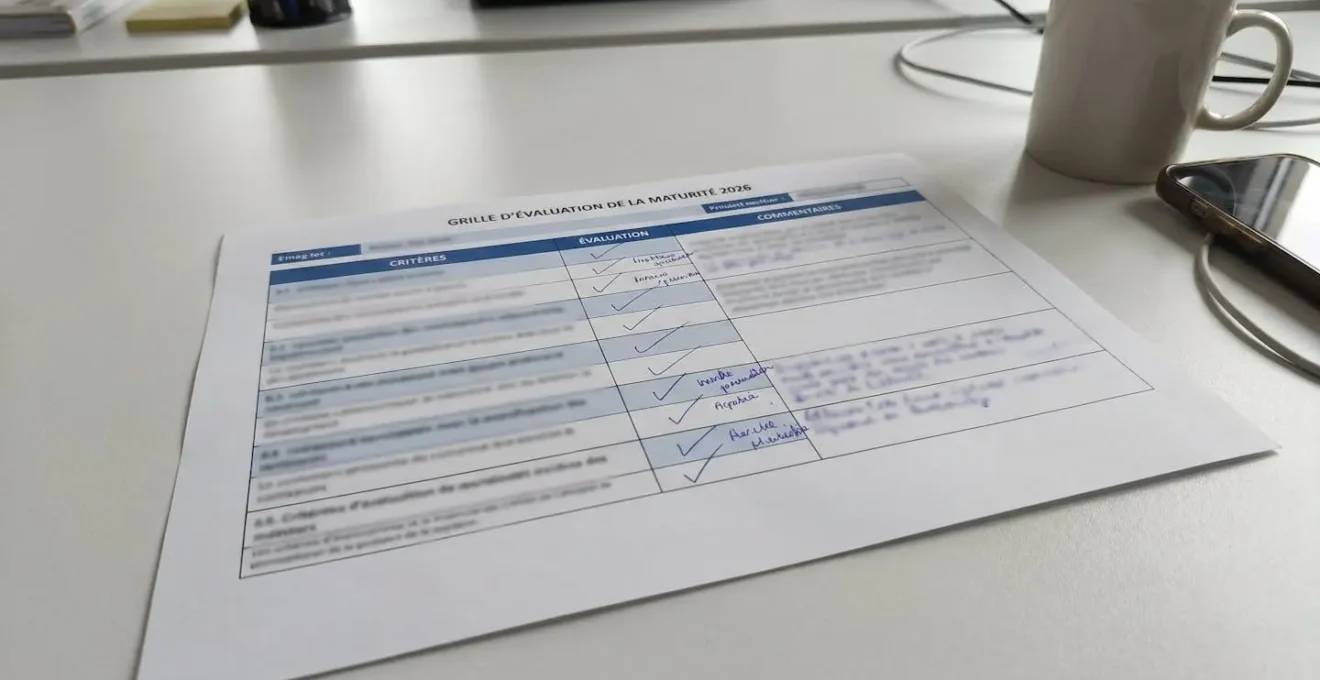 Grille d'évaluation de maturité organisationnelle avec cases cochées et annotations manuscrites sur un bureau moderne